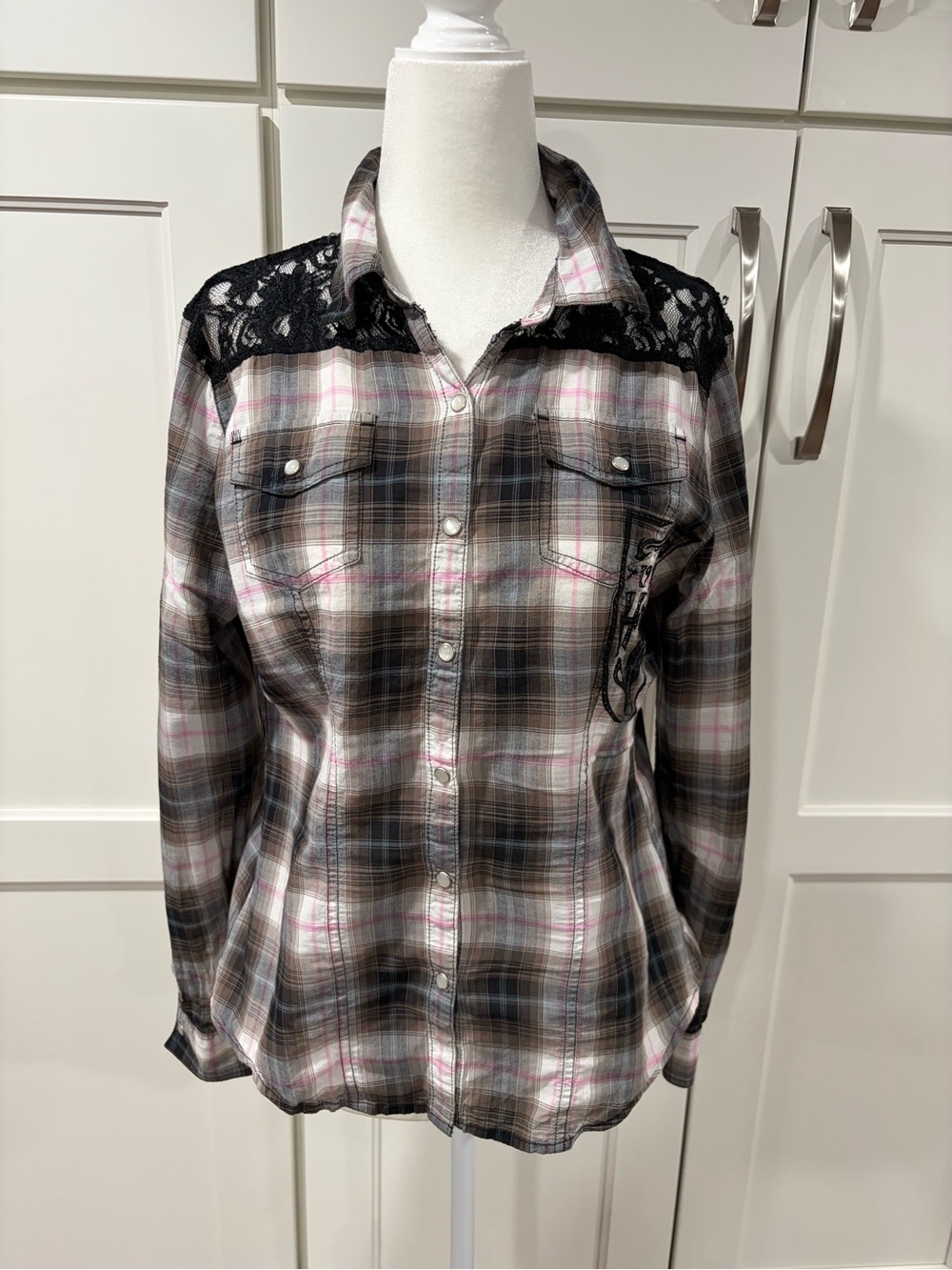 Harley-Davidson Brown, Pink and Black Plaid Button-Front Shirt with Lace Yoke